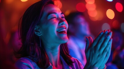 An Asian woman standing with eyes closed, clapping her hands