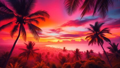 Fototapeta na wymiar Tropical sea sunset on beach with Palm Trees Silhouettes panorama