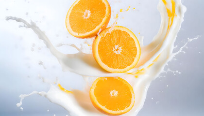 Visual Representation of the Moment a Falling Orange Collides with Water and Milk, Transformed into an Artistic Scene. Slices and Splashes.