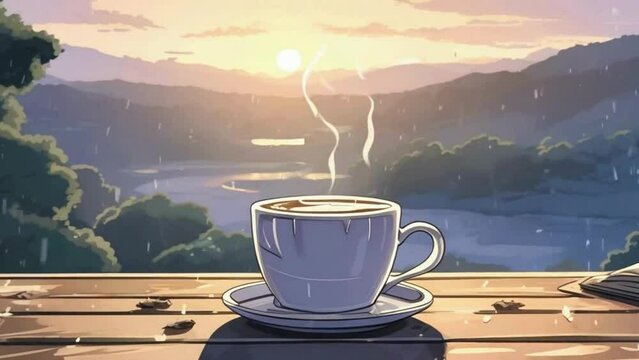 Cup of hot coffee on the table at sunset in the rain. Anime art style. Anime Loop animation.