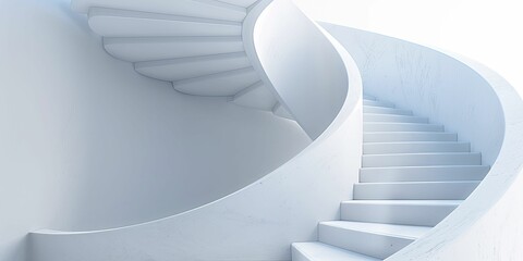 Artful composition of a spiral staircase leading upwards, growth and progress theme, on white background.