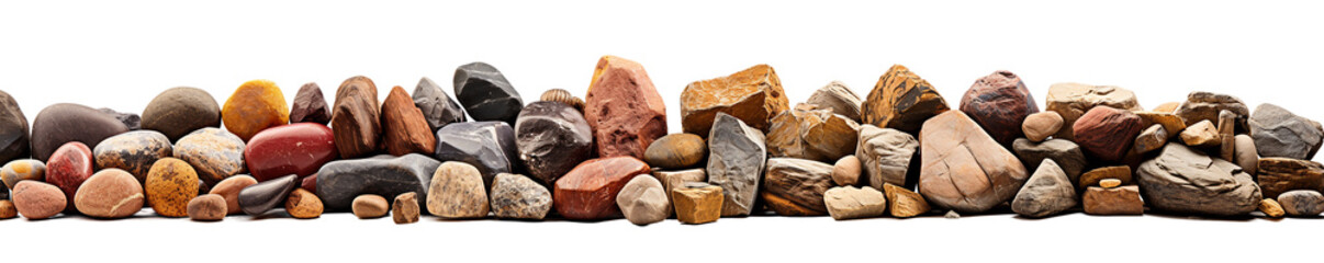 A diverse collection of colorful stones and pebbles arranged in a row. Isolated, PNG cutout.