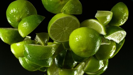 Falling ripe lime slices isolated on black background. - 779203230