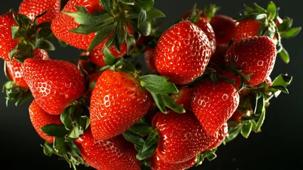 Foto op Plexiglas Falling ripe strawberries isolated on black background. © Jag_cz