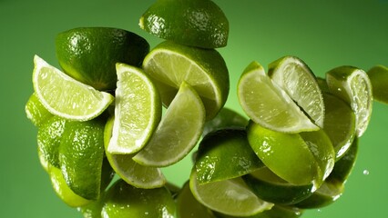 Falling ripe lime slices isolated on green background.