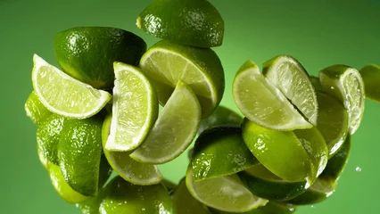 Deurstickers Falling ripe lime slices isolated on green background. © Jag_cz