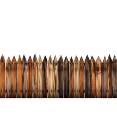A seamless pattern of a wooden fence with pointed tips, varying in wood grain and color. Isolated, PNG cutout.