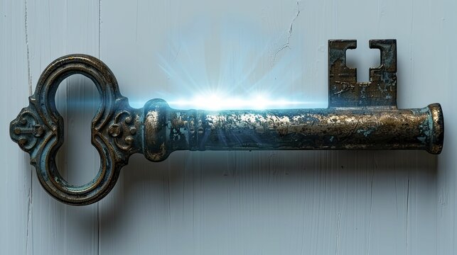 Conceptual photograph of a lock with a key made of light, unlocking potential and solutions theme, on white background.