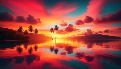 Tropical sea sunset on beach with Palm Trees Silhouettes panorama - obrazy, fototapety, plakaty