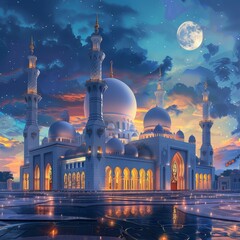 a Arabic architecture mosque with a big quart yard in a eid night with half moon in sky and a fantasy image - obrazy, fototapety, plakaty