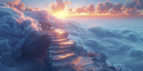 Experience the ethereal allure of a stairway ascending into the clouds, embodying aspirations and dreams against a pristine white backdrop. - obrazy, fototapety, plakaty