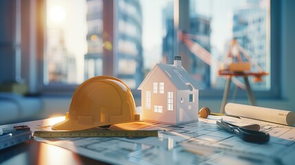 Architectural Design Background, Sunlit Workspace with Blueprints and Construction Helmet