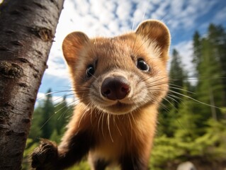 Close up portrait of a marten. Detailed image of the muzzle. A wild animal is looking at something. Illustration with distorted fisheye effect. Design for cover, card, decor, etc.