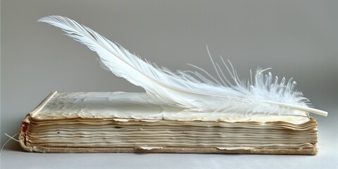 A feather pen gracefully inscribes secrets and tales in a diary, against a serene white backdrop, embodying intrigue. - obrazy, fototapety, plakaty