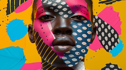 Beautiful woman with creative colorful makeup on black background. Girl with vivid face art. Fashion or cosmetics concept. Illustration for cover, card, interior design, poster, brochure, presentation