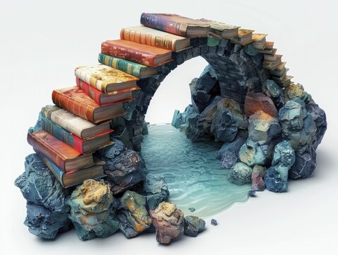 An imaginative literary bridge spanning cliffs, uniting ideas and knowledge, set against a white backdrop.