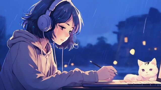 Lofi girl with headphone studying with her cute cat rain in the background, cute Lofi anime animation.