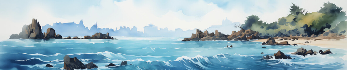 A panoramic watercolor illustration of a serene seascape with rocky outcrops and a distant city skyline. - obrazy, fototapety, plakaty