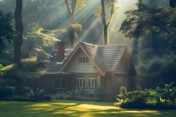 A craftsman house with a light-colored exterior, nestled in a lush forest with rays of sunlight filtering through the trees. - obrazy, fototapety, plakaty