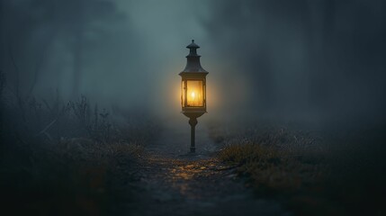 In a misty silence, a dim lantern guides through enigmatic shadows on a lonely trail, evoking mystery and solitude against a blank canvas.