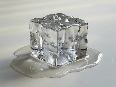 Capturing the serene essence of a pristine ice cube melting gracefully on a pure white backdrop, embodying simplicity and purity.