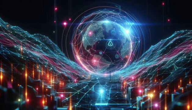 cybernetic world with glowing neon lines and geometric shapes, Digital technology abstract background