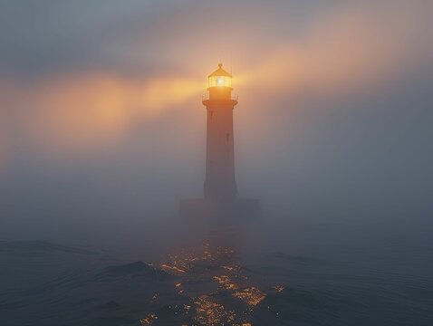 Poetic image of a lighthouse beam cutting through fog, guidance and hope theme, on white background.