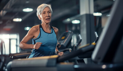 A fitness class with active seniors doing pilates or yoga or running