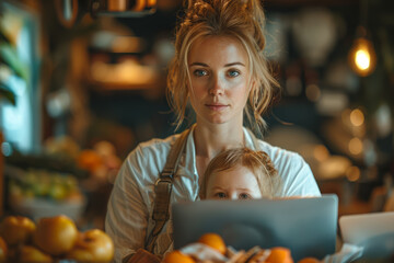 A mother multitasking with ease, balancing work, household chores, and childcare responsibilities. Concept of maternal strength and resilience. Generative Ai.