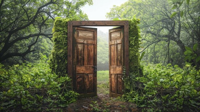 Rustic wooden door standing open in the middle of a lush forest, on white background