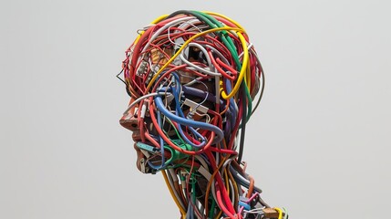 abstract sculpture composed of colorful electrical cable
