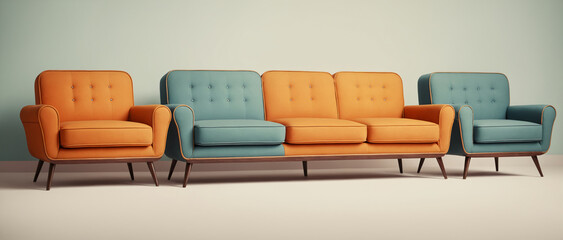 Retro colorful sofa and armchairs on isolated background