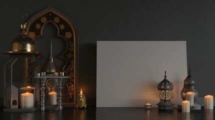 Obraz premium 3d render, white mosque and lanterns, golden lanterns and crescent moon, white background ,Muslim holiday Ramadan Kareem concept.