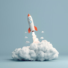 Naklejka na ściany i meble Illustration of 3D rendering rocket with white cloud and copy space.