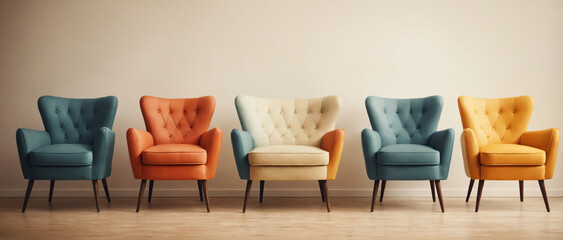 5 retro colorful armchairs on isolated background