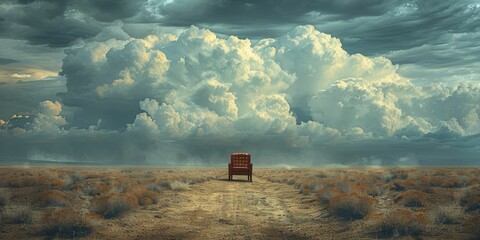 A lone chair sits in the desert, under menacing storm clouds looming against a stark white backdrop, creating a surreal scene.