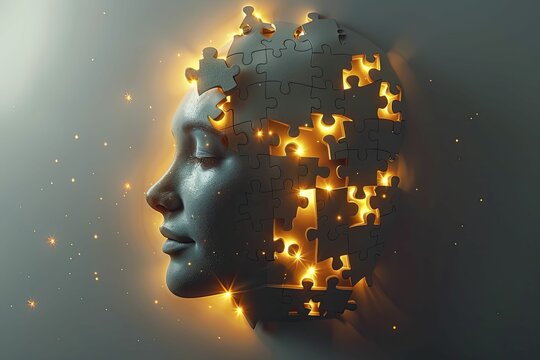 Symbolic representation of a puzzle piece fitting into a glowing mind, solutions and ideas theme, on white background.