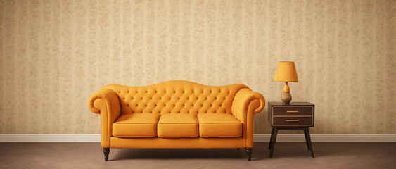 Retro orange leather sofa with cupboard and lamp in retro room