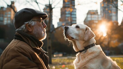 Blind handicapped old man and trained guide dog golden retriever on street outside city background. Generative ai