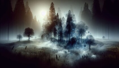 mystical forest with abstract shapes representing trees and wildlife