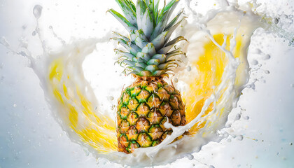 Visual Representation of the Moment a Falling Pineapple Collides with Water and Milk, Transformed into an Artistic Scene. 