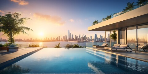 3d rendering of modern house with swimming pool and sea view.