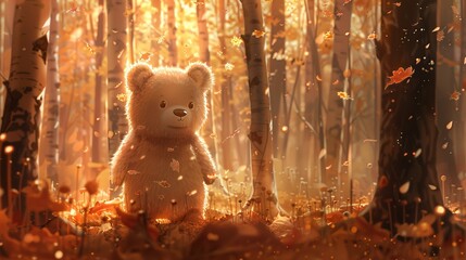 marshmallow bear standing in a forest of caramelised trees - obrazy, fototapety, plakaty
