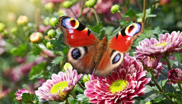 Floral Flight: Vibrant Peacock Butterfly Alights on Chrysanthemum Blossoms"