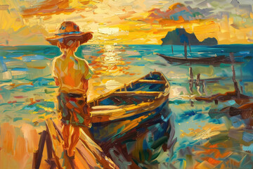 Radiant Sunset Embrace at the Harbor.A Vision in Oils of Serenity and Reflection - obrazy, fototapety, plakaty