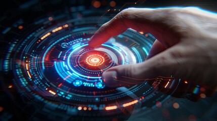 Close-up of an interactive display being pressed by an index finger. The hand points to a glowing circle on the screen. The concept of technology and innovation. Illustration for varied design.