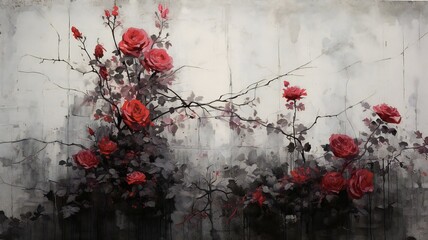 red roses grow among red plants on a wall