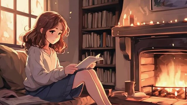 Cute lofi girl studying in a lamplight with tree and leaves, Lofi loop anime animation