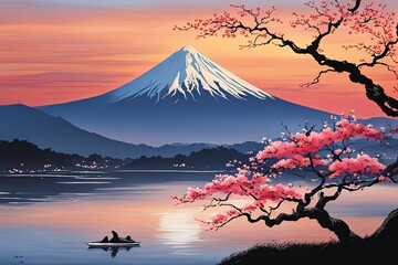 Serene, peaceful, japanese scene of lake with boat in background. Concept of calm, tranquility, as if one were to take break from hustle. For interior, commercial spaces to create stylish atmosphere.