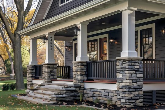 A close-up shot of a craftsman house's dark exterior, showcasing intricate stone accents and a charming porch.